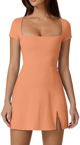 QINSEN Women Square Neck Tennis Dress with Pockets