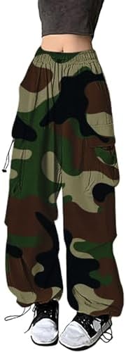 Premium Womens Camo Cargo Pants Wide-Leg High-Rise Denim with Cargo Pockets