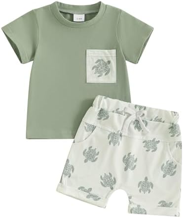 Infant Boy Summer Short Sleeve Set Checkered Pocket Shirts Stretchy Comfort