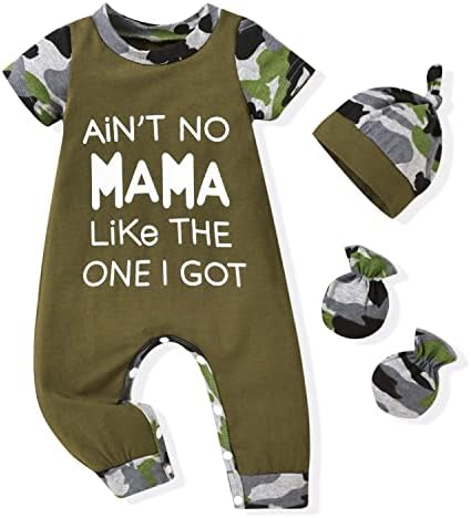 HINTINA Newborn Baby Romper - Coming Home Outfits Letter Printed Jumpsuit Hat Gloves