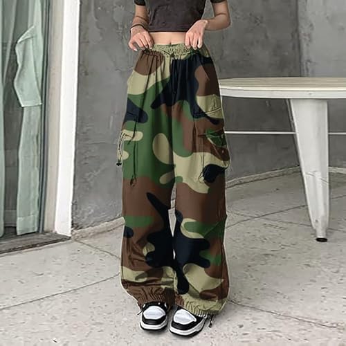 Premium Womens Camo Cargo Pants Wide-Leg High-Rise Denim with Cargo Pockets