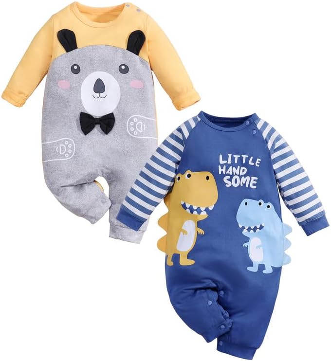 2-Pack Newborn Dinosaur Bear Print Romper Outfit for Boys Girls
