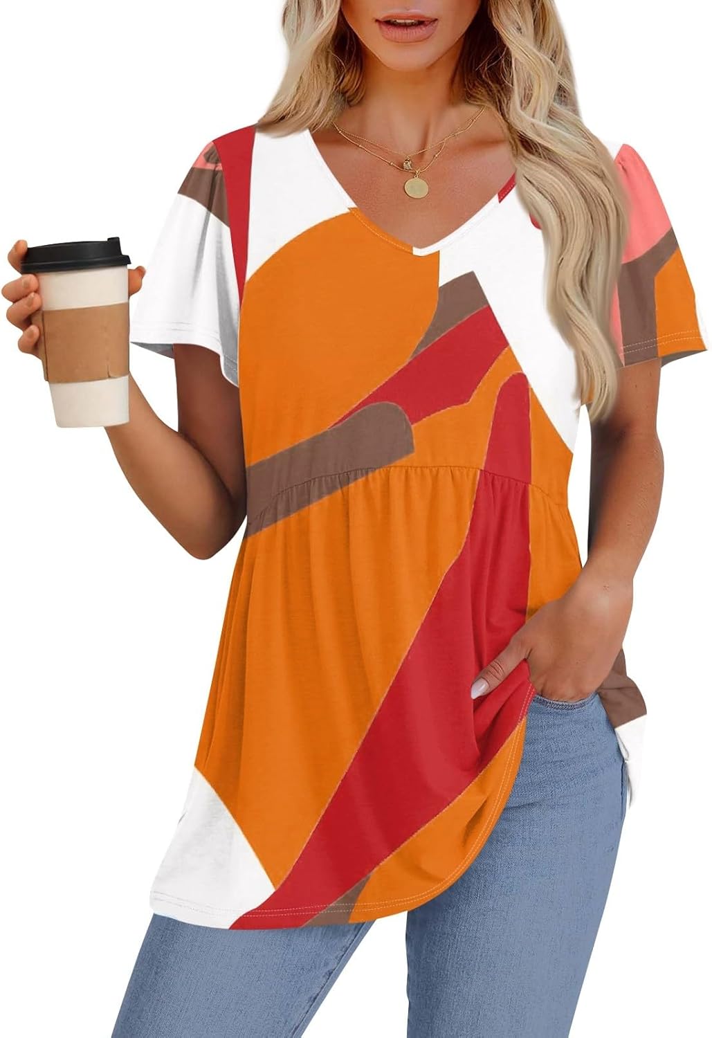 Womens V-Neck Pleated Peplum Tunic