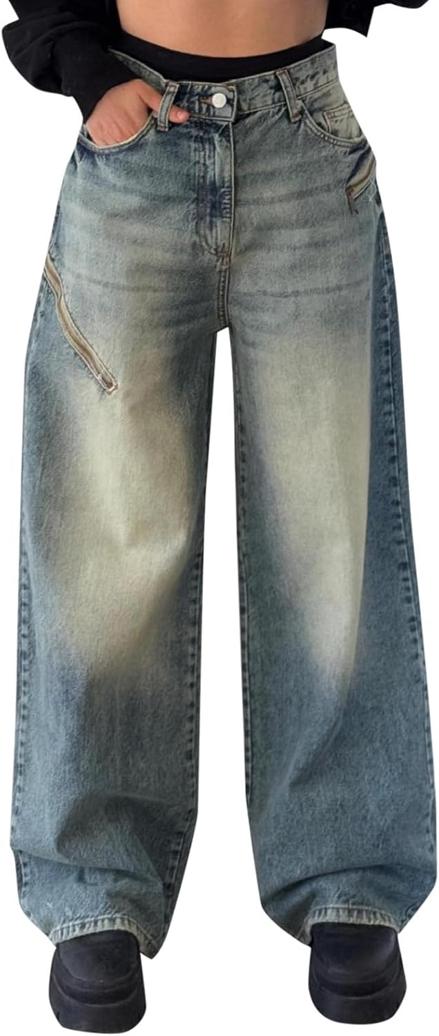 Stylish High-Waisted Wide-Leg Zag sediment Denimjeans