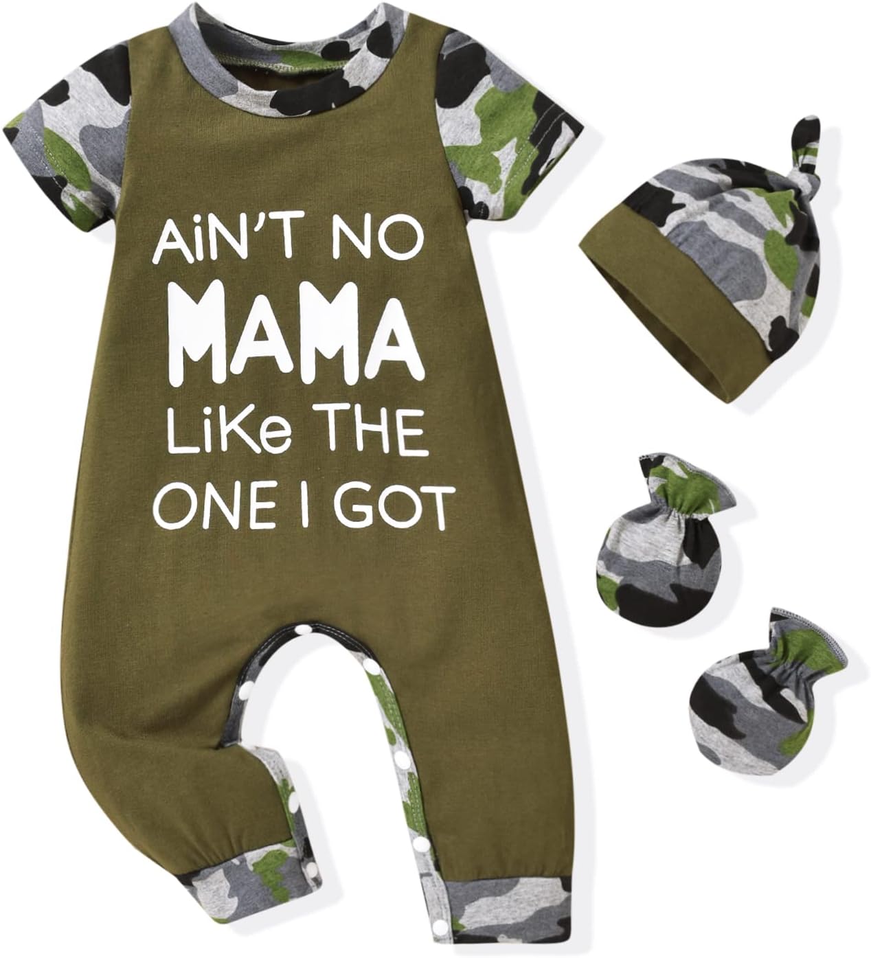 HINTINA Newborn Baby Romper - Coming Home Outfits Letter Printed Jumpsuit Hat Gloves