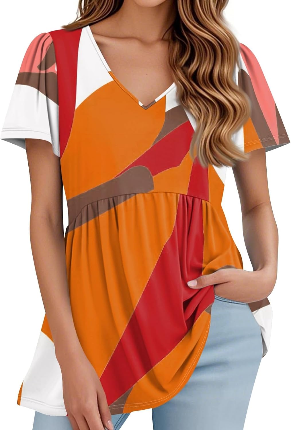 Womens V-Neck Pleated Peplum Tunic