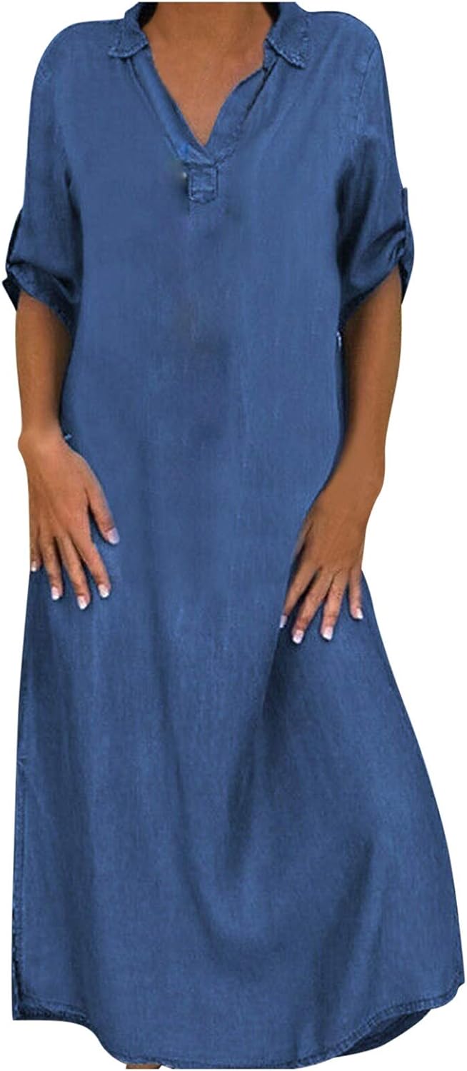 Womens Blue Chambray Denim Button-Up Midi Dress