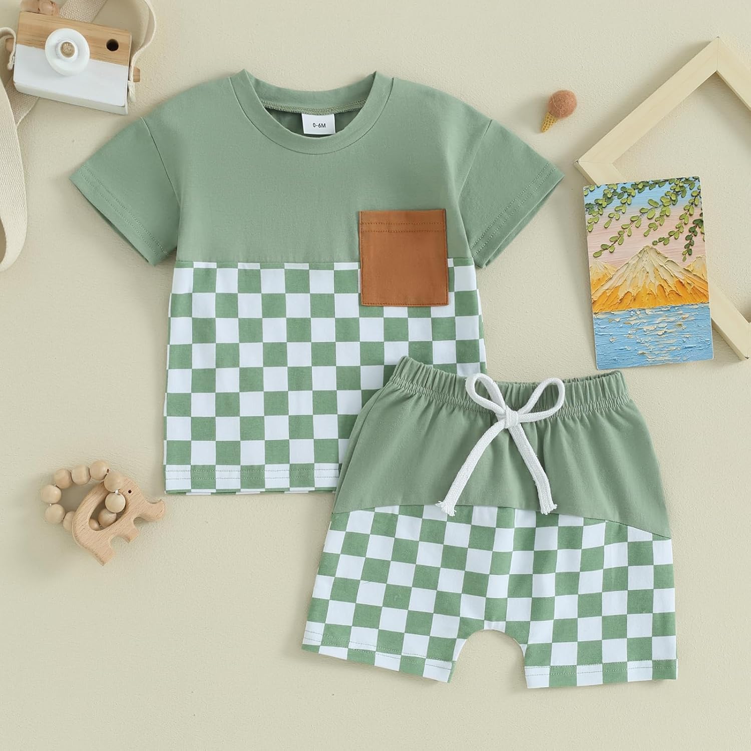 Trendy Checkerboard Summer Set Soft Breathable Elastic Waistband for Baby Boys