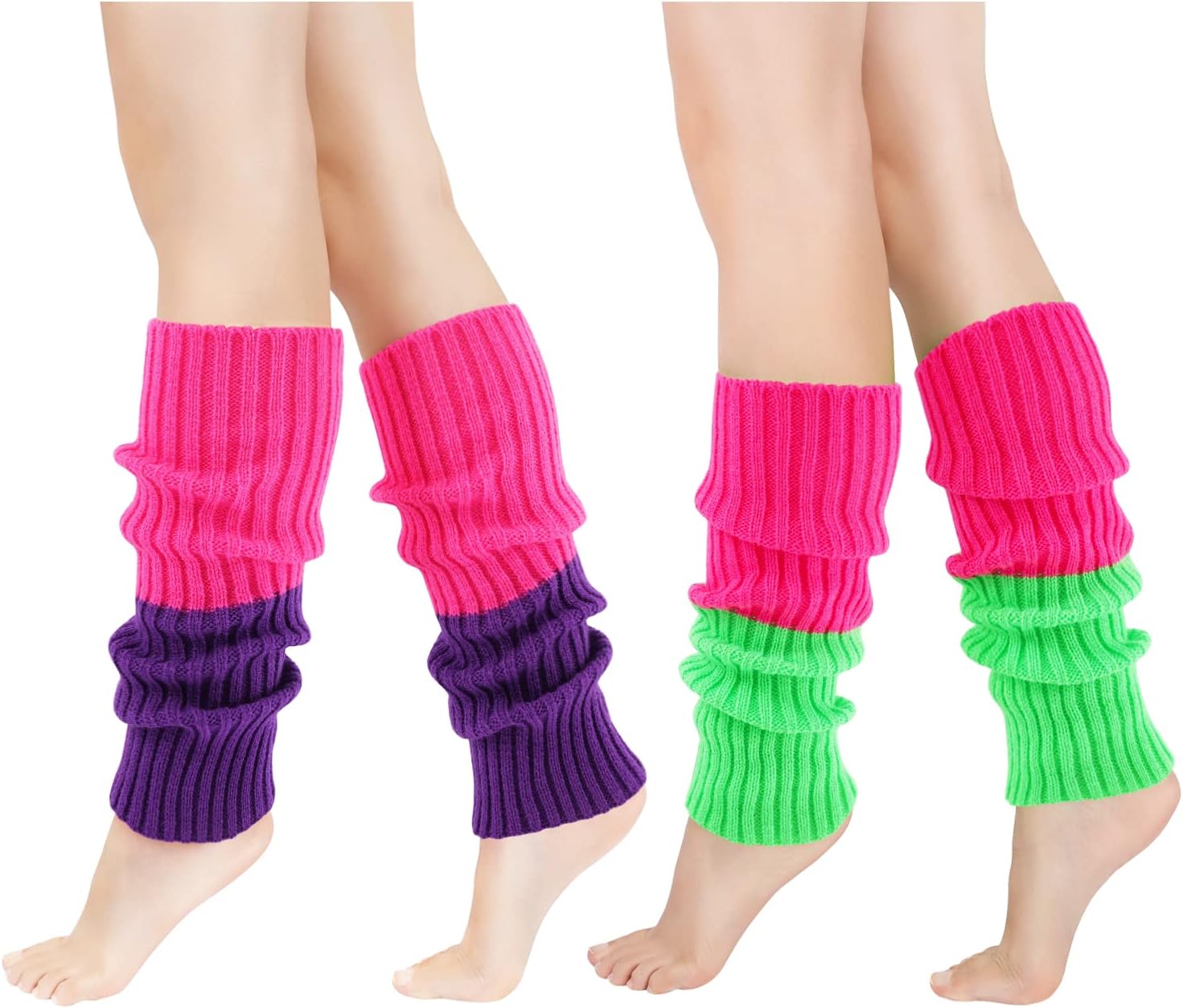 80s Knit Leg Warmer for Women - Neon Pink Green Set
