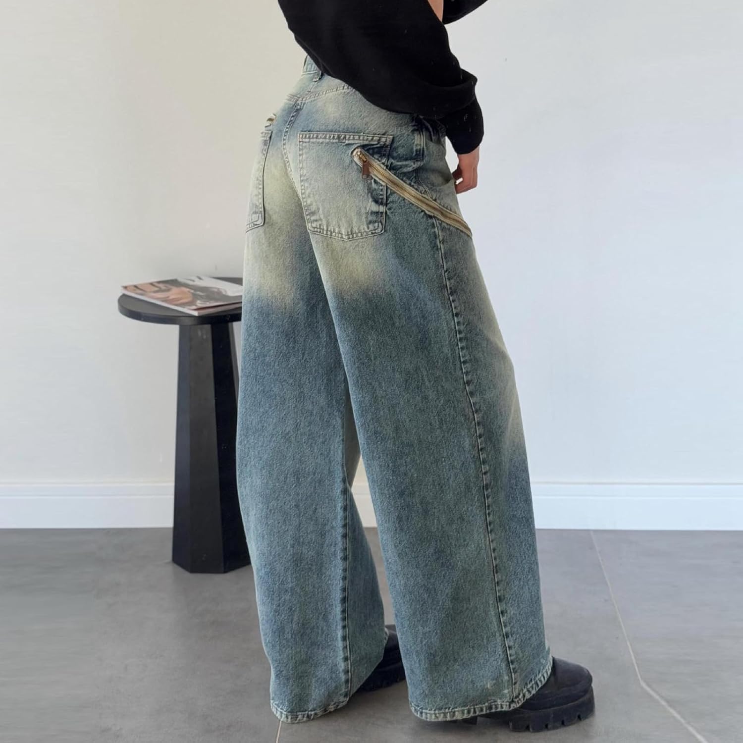 Stylish High-Waisted Wide-Leg Zag sediment Denimjeans