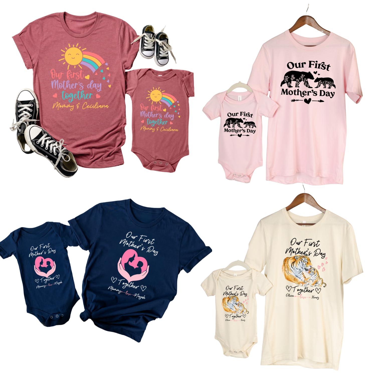 Personalized Mothers Day Tiger Onesies with Mom T-Shirt Set by Handmade