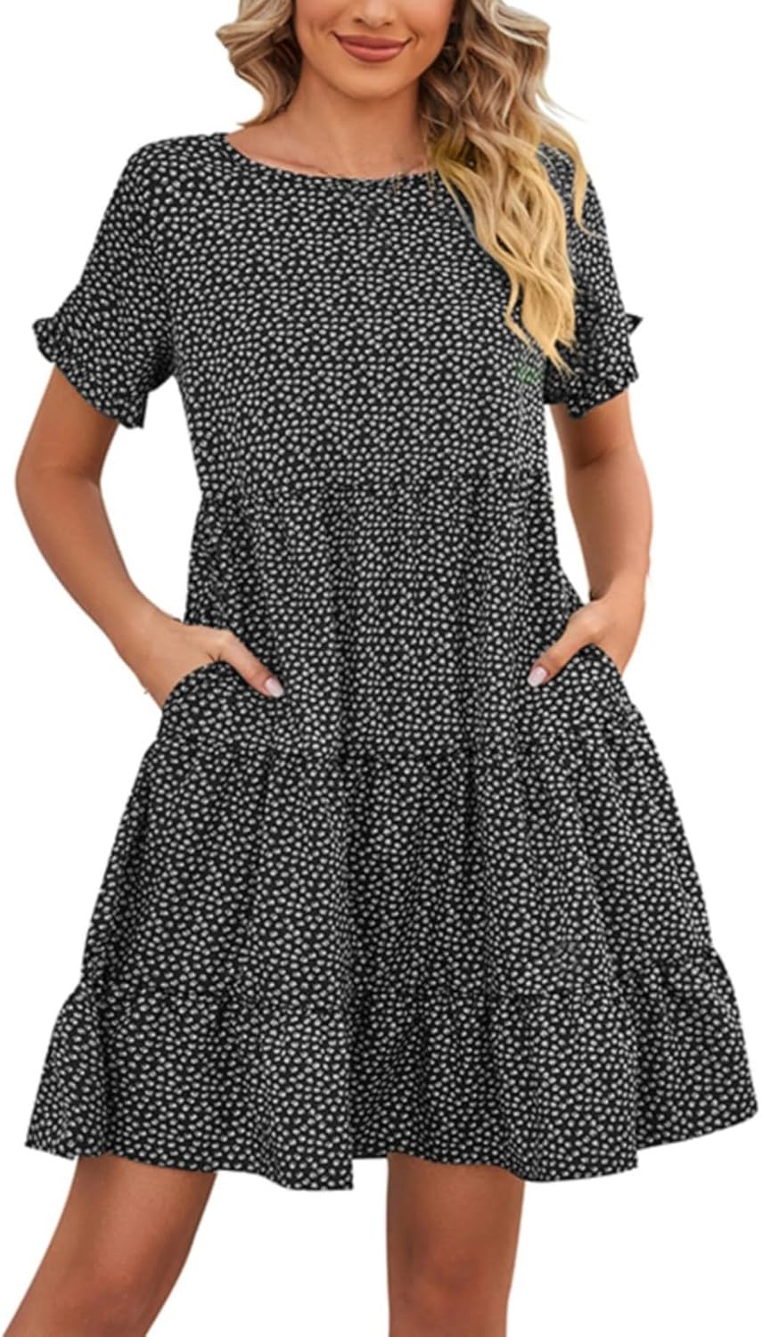 Floral Midi Dress with Pocket Ruffle Puff Sleeve