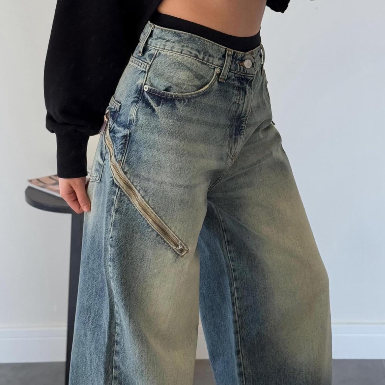 Stylish High-Waisted Wide-Leg Zag sediment Denimjeans