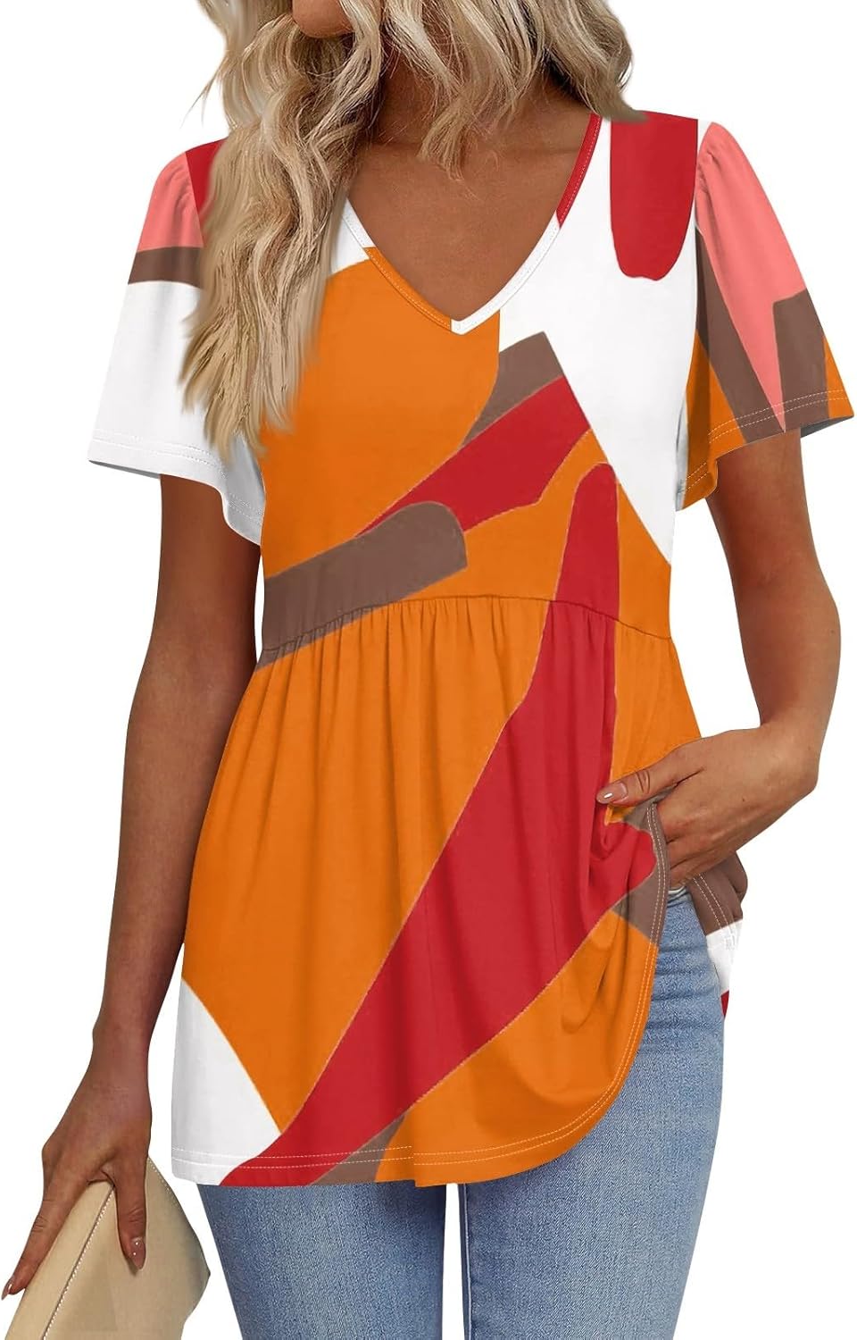 Womens V-Neck Pleated Peplum Tunic