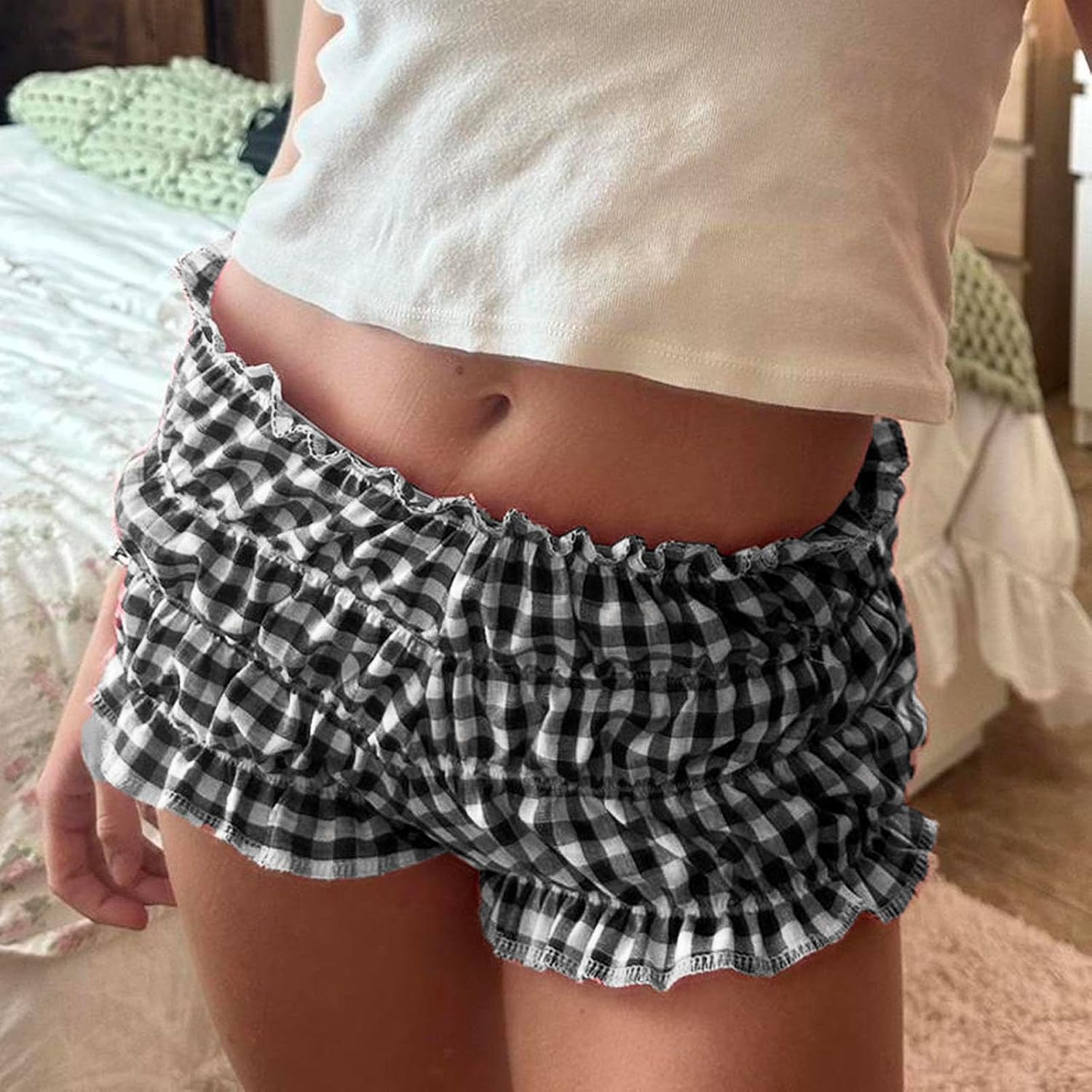Charming Y2K Gingham Boy Shorts for Women Frilly Cute