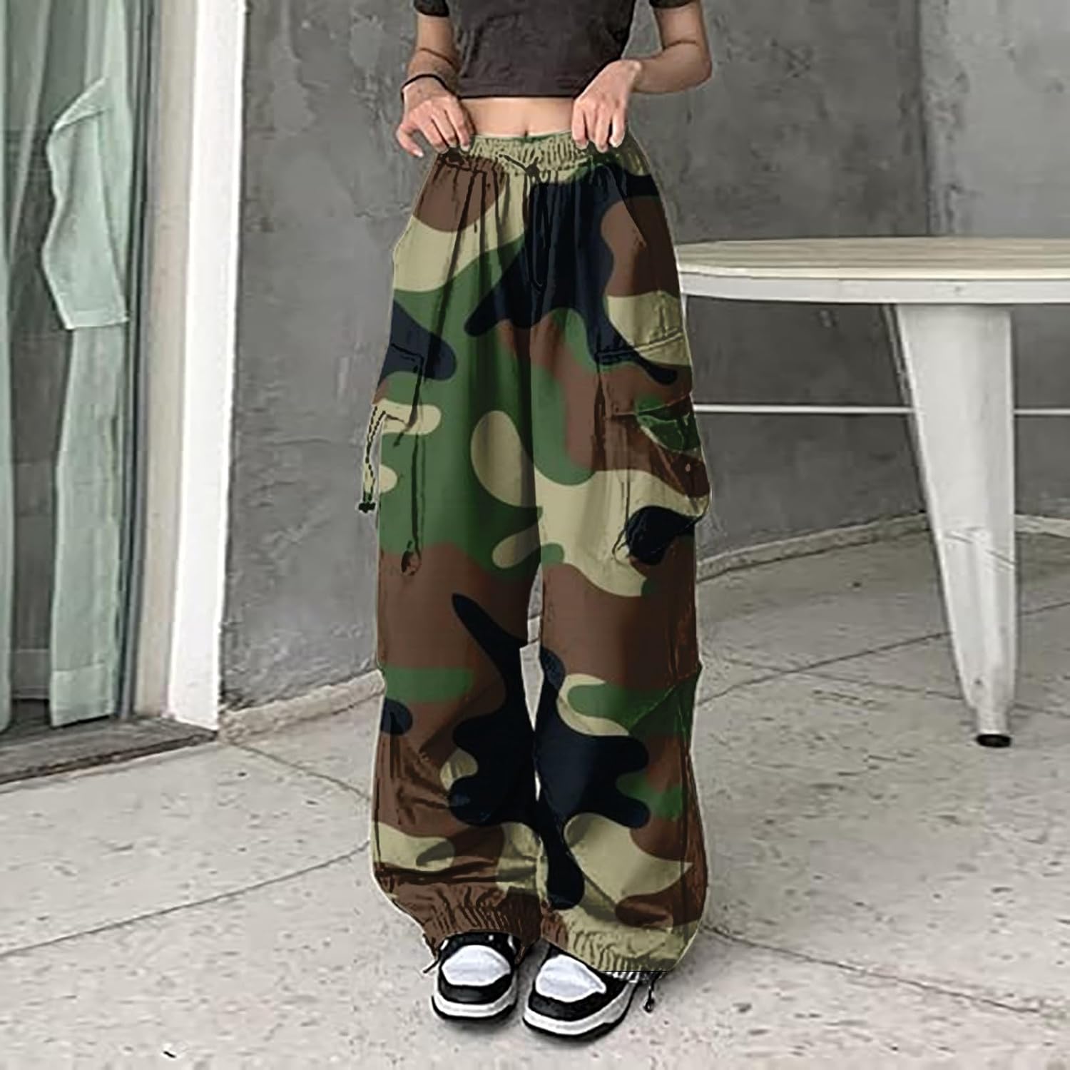 Premium Womens Camo Cargo Pants Wide-Leg High-Rise Denim with Cargo Pockets