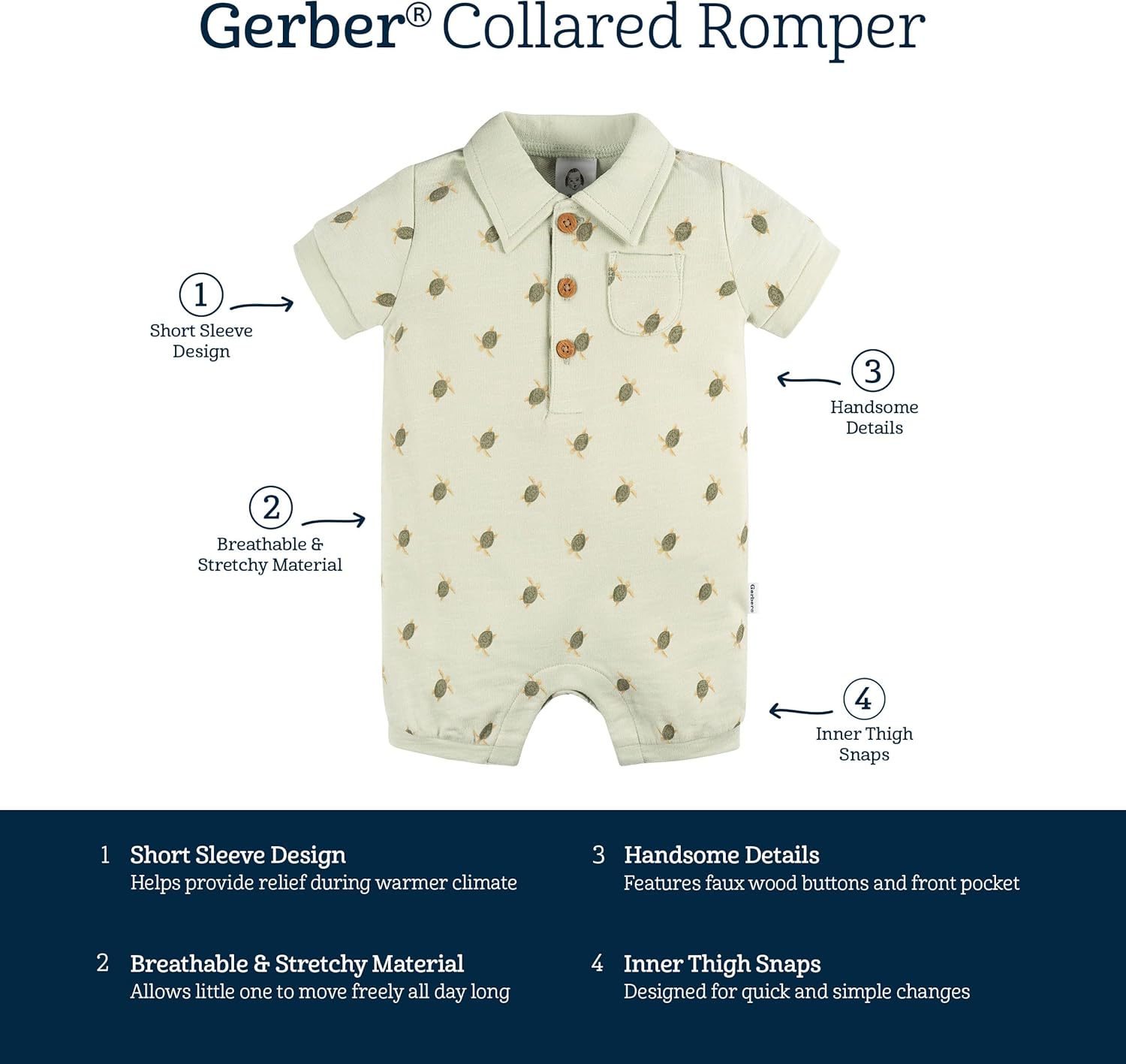 Gerber Baby Boys Cotton Polo Romper with Turtle Print