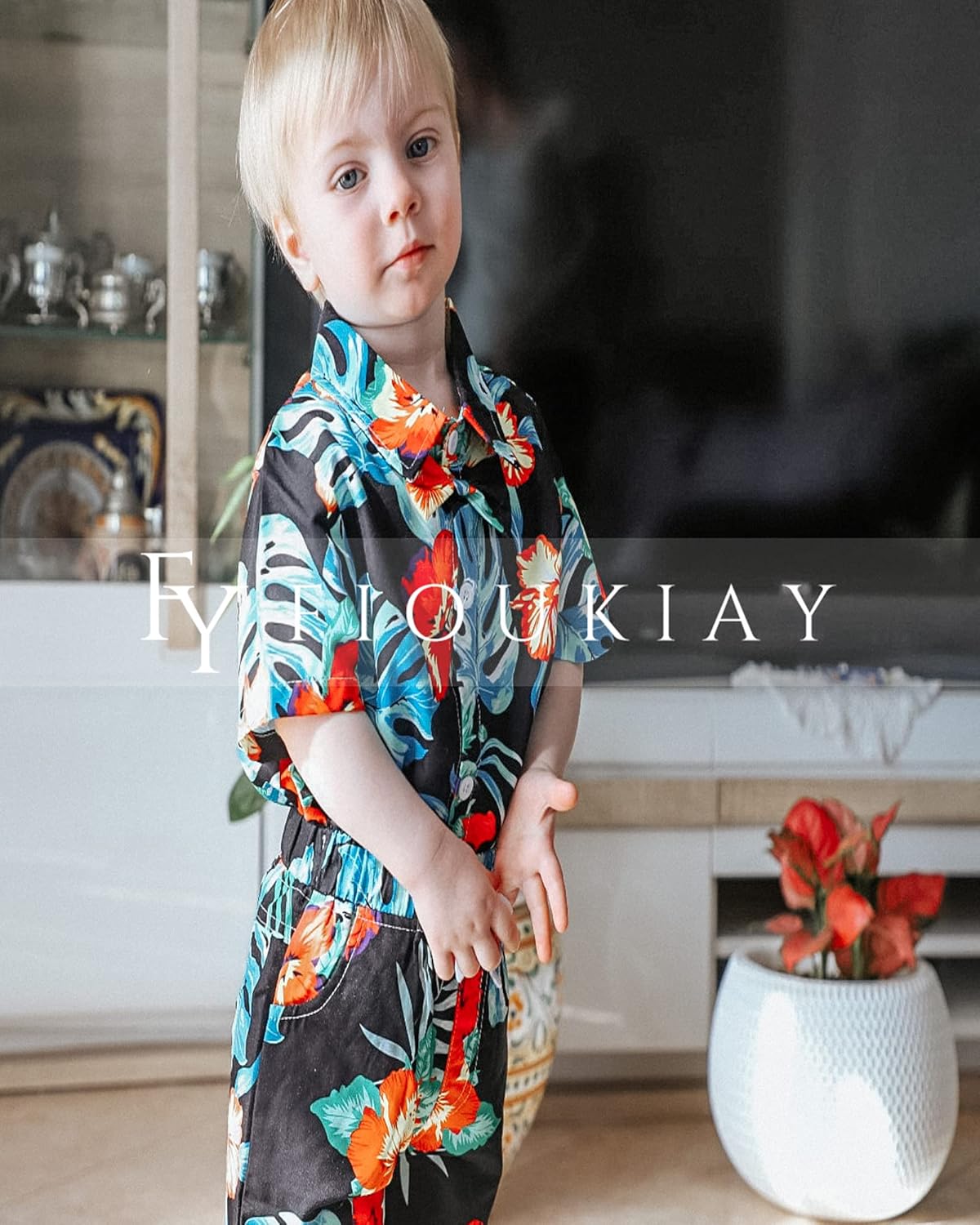 Fioukiay Unique Bowtie Floral Hawaiian Outfits for Boys summer beach wear