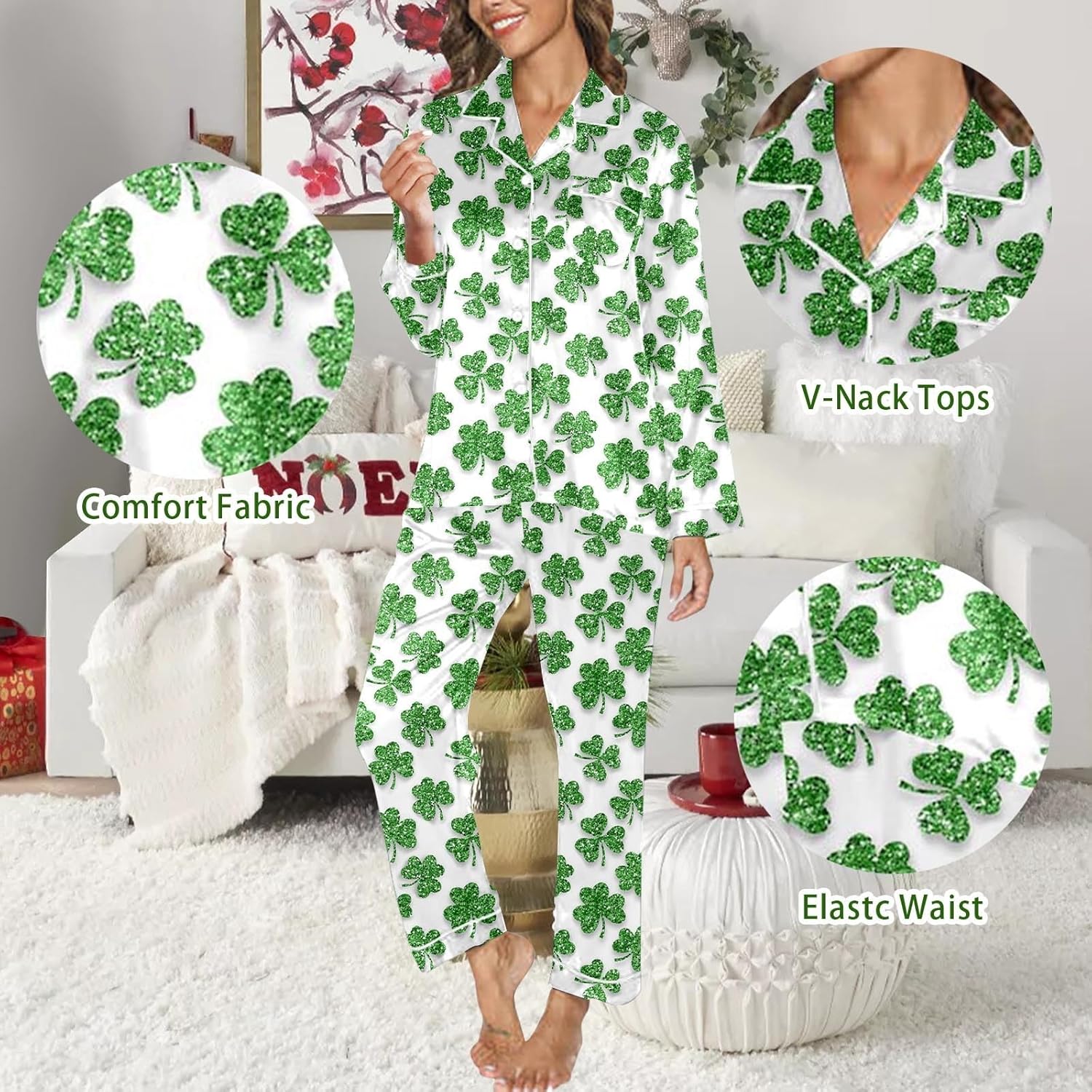 Sfascumop Shamrock Pajamas for St Patricks Day Women