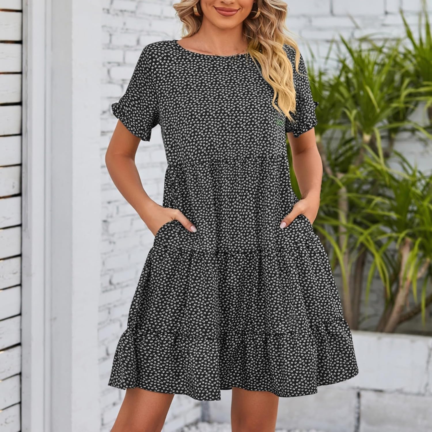 Floral Midi Dress with Pocket Ruffle Puff Sleeve