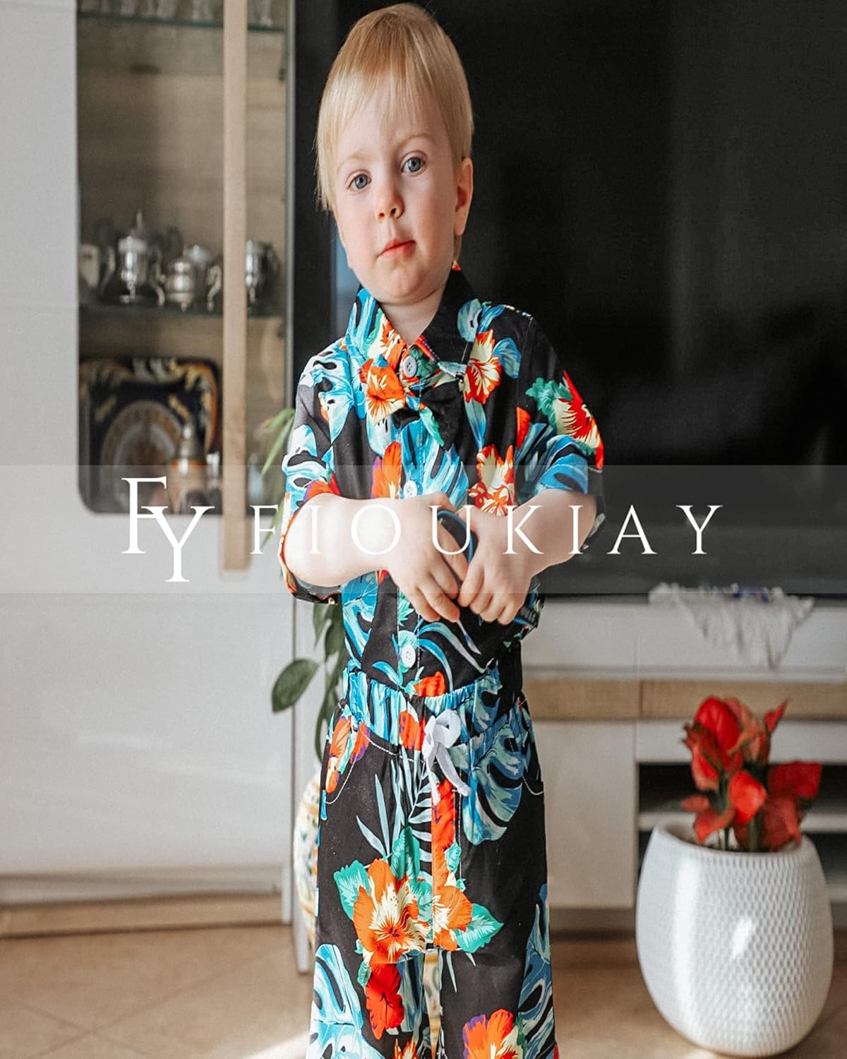 Fioukiay Unique Bowtie Floral Hawaiian Outfits for Boys summer beach wear